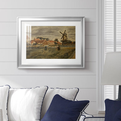 Paysage avec moulin à vent et paysans-Henri De Braekeleer-Reproduction encadrée avec passe-partout et verre-c. Fin du 19e siècle