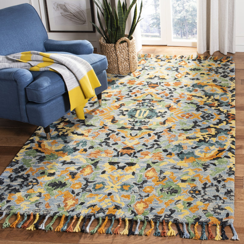 Tapis bleu en laine noué à la main Jahiem, Rectangle 9 pi x 12 pi