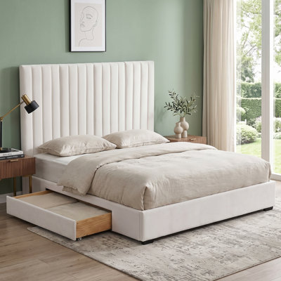 Modern Glam King Velvet Upholstered 2-Drawer Storage Platform Bed with 61.4" Tall Vertical Channel Tufted Headboard, Cream