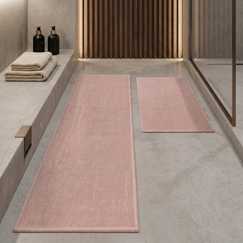 2 Piece Textured Linen-Look Bath Rug Set with Non-Slip Backing, Pink