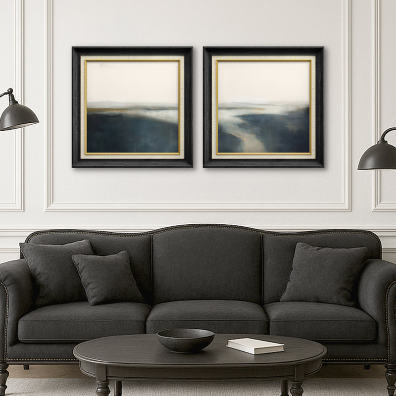 Ensemble de 2 paysages encadrés sur toile marine et gris marine, H 26 po x l 26 po, Cadre de galerie noir