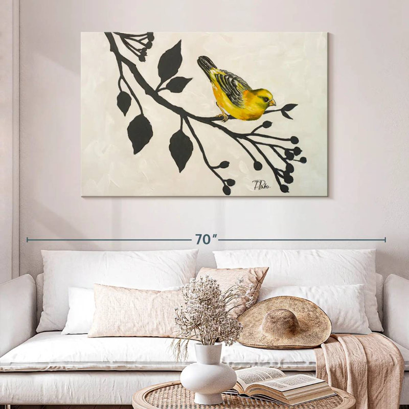 Brampt oiseau jaune sur la branche I, H 32 po x l 48 po