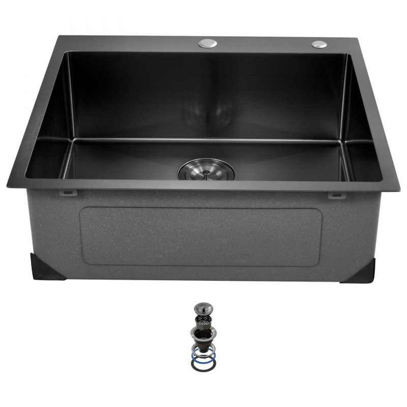 25" Kitchen Sink Top Mount Single Bowl Drop-In Basin Stainless Steel, Black