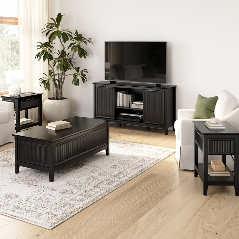 Meuble télé cannelé, table basse à plateau relevable et 2 tables de bout, mobilier de salon, Noir