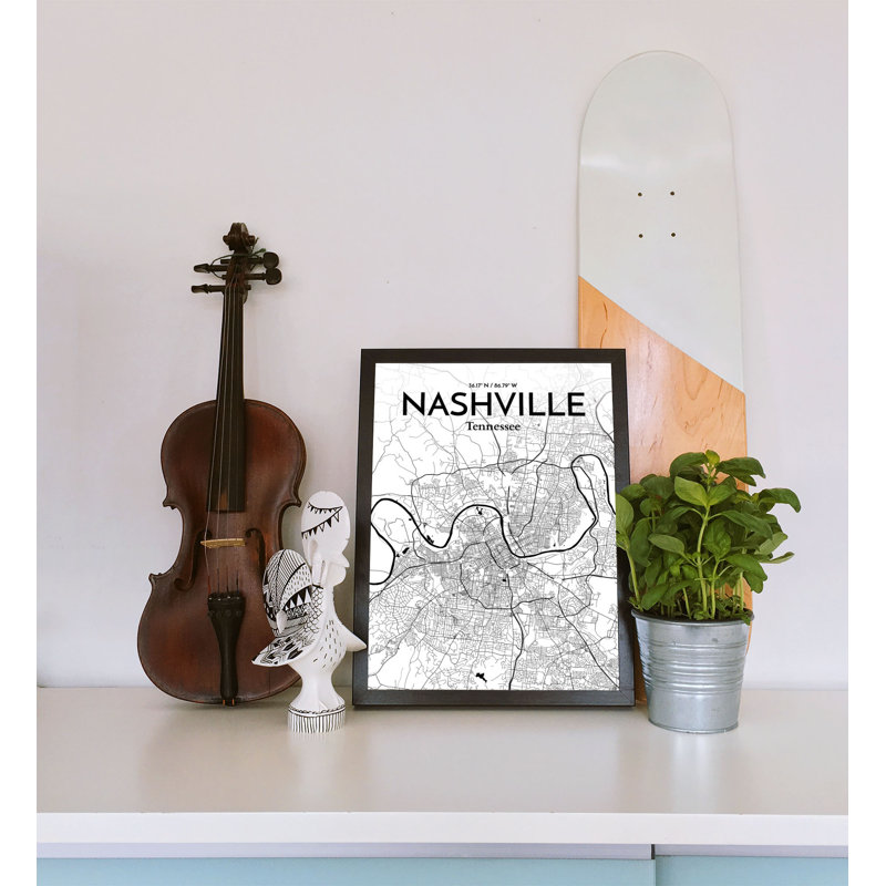«Nashville City Map», reproduction d'impression sur affiche à l'encre / blanc, H 17 po x l 11 po