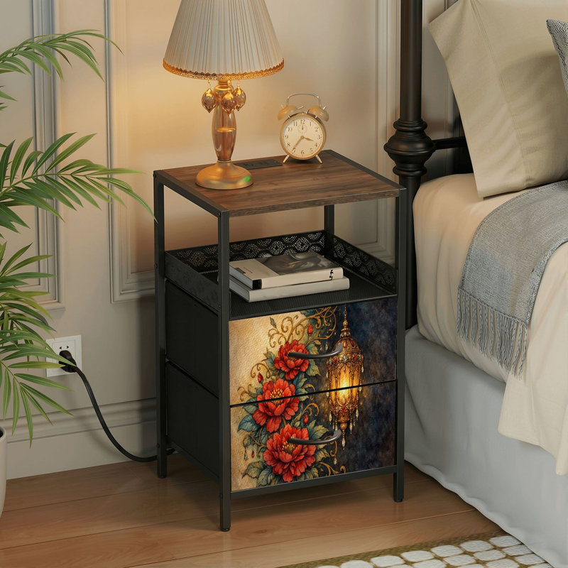 Table de chevet 2 tiroirs avec station de charge, table de chevet de chambre à coucher avec ports USB et prises USB