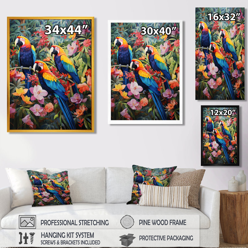 Trois perroquets dans une jungle de fleurs tropicales - salon d'art mural perroquet, Toile avec cadre noir