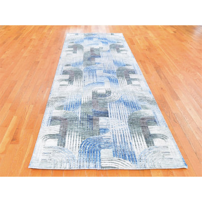 Tapis de couloir gris noué à la main de conception unique 4 pi x 12 pi 5 po Mengiste