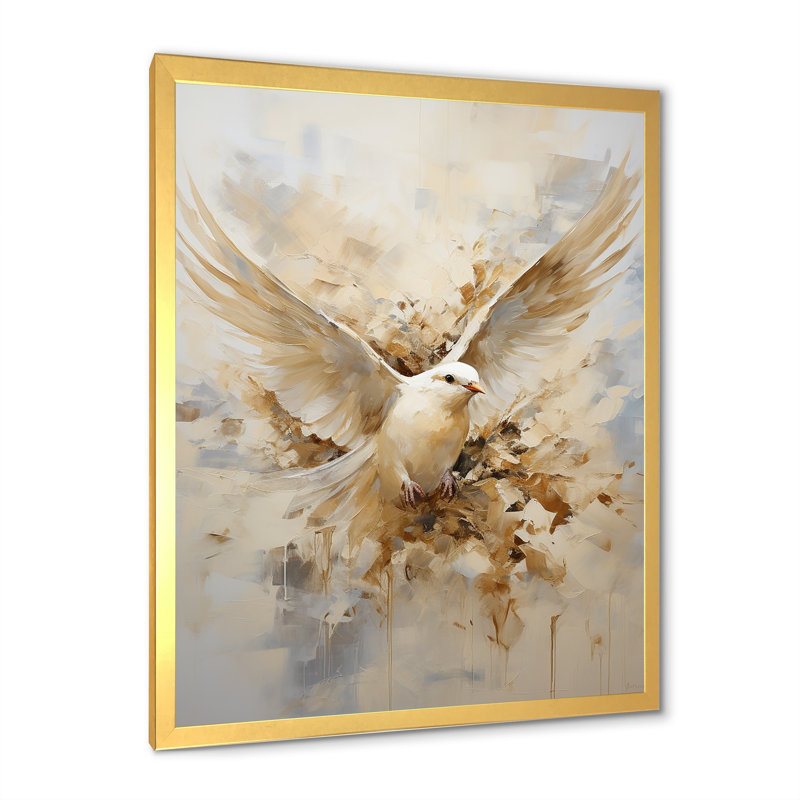 Minimalisme beige et colombe dorée I - art mural colombe, H 44 po x l 34 po x P 1,5 po, Cadre doré simple