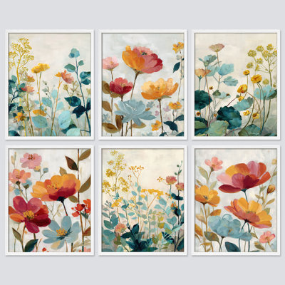 Colorful Wildflower Garden Framed Wall Art Prints Set of 6 - Vibrant Floral Field Collection for Living Room Bedroom