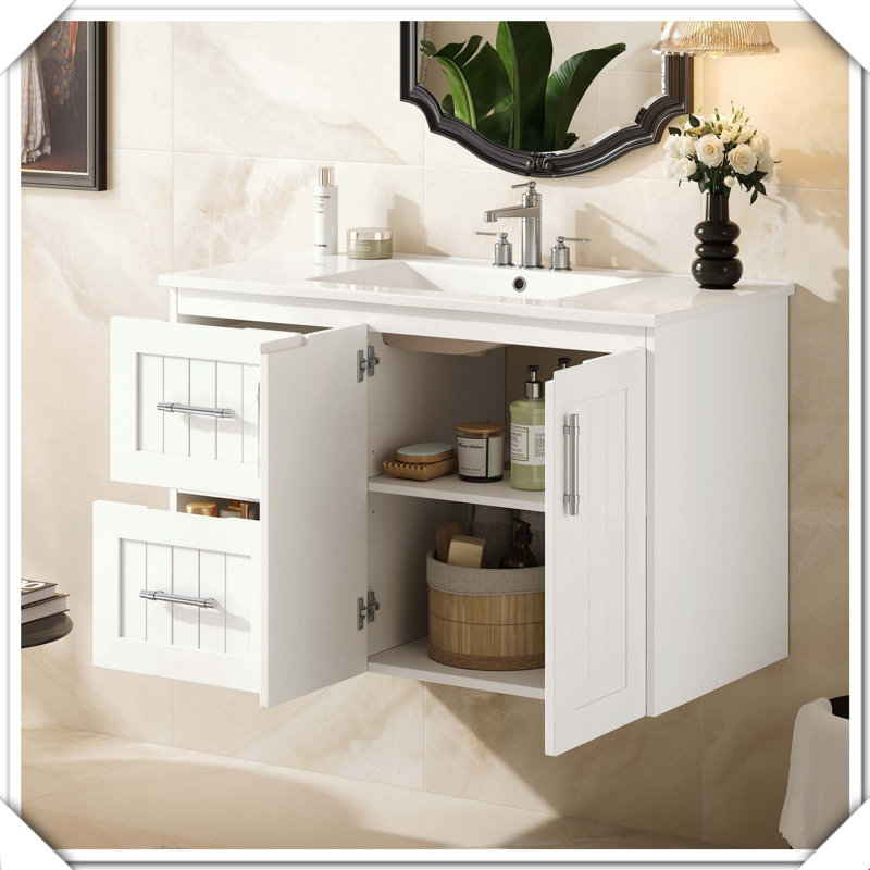 Modern Wall Mounted Floating Bathroom Vanity With Ceramic Sink Drawers Adjustable Shelf, White