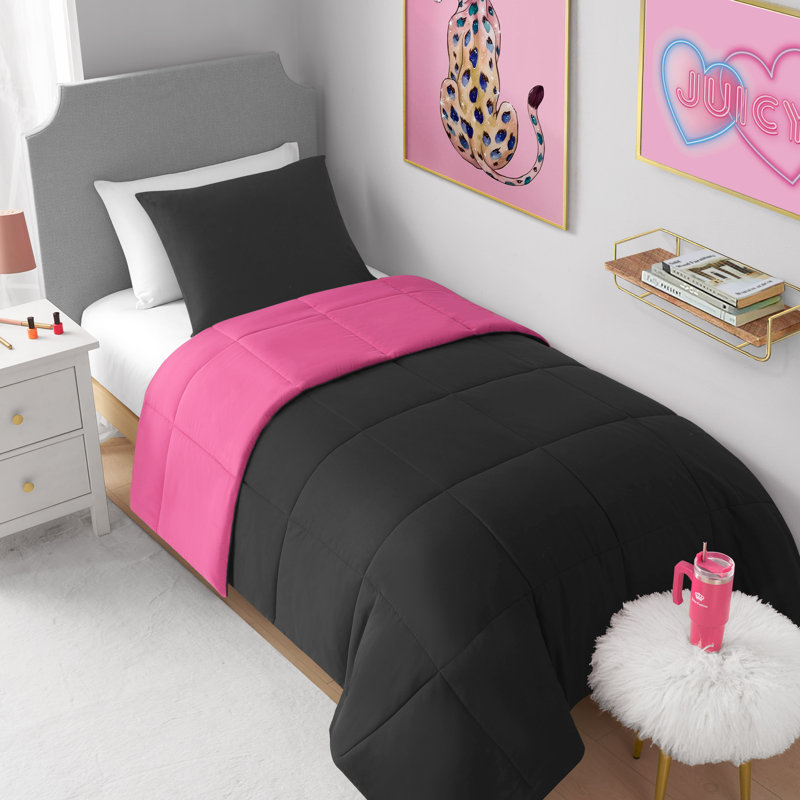 Juicy Couture Box Stitch Reversible Comforter Sets, Twin Extra Long Comforter + 1 Standard Pillow Sham, Black/Hot Pink