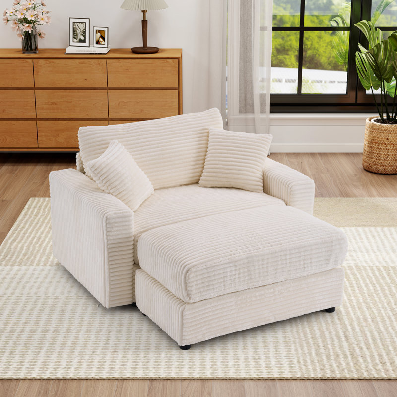 56.30"w Oversized Corduroy Accent Chair With Ottoman And Pillows – Perfect For Living Room Or Bedroom, Beige