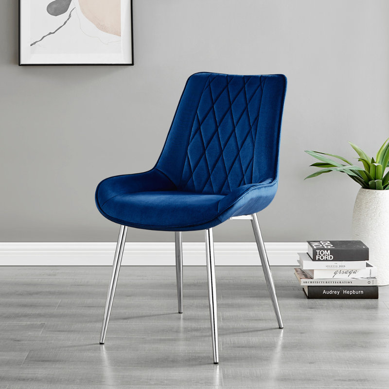 Palermo Velvet Modern Dining Chairs with Tapered Metal Legs & Quilted Diamond Stitching, Silver, Navy