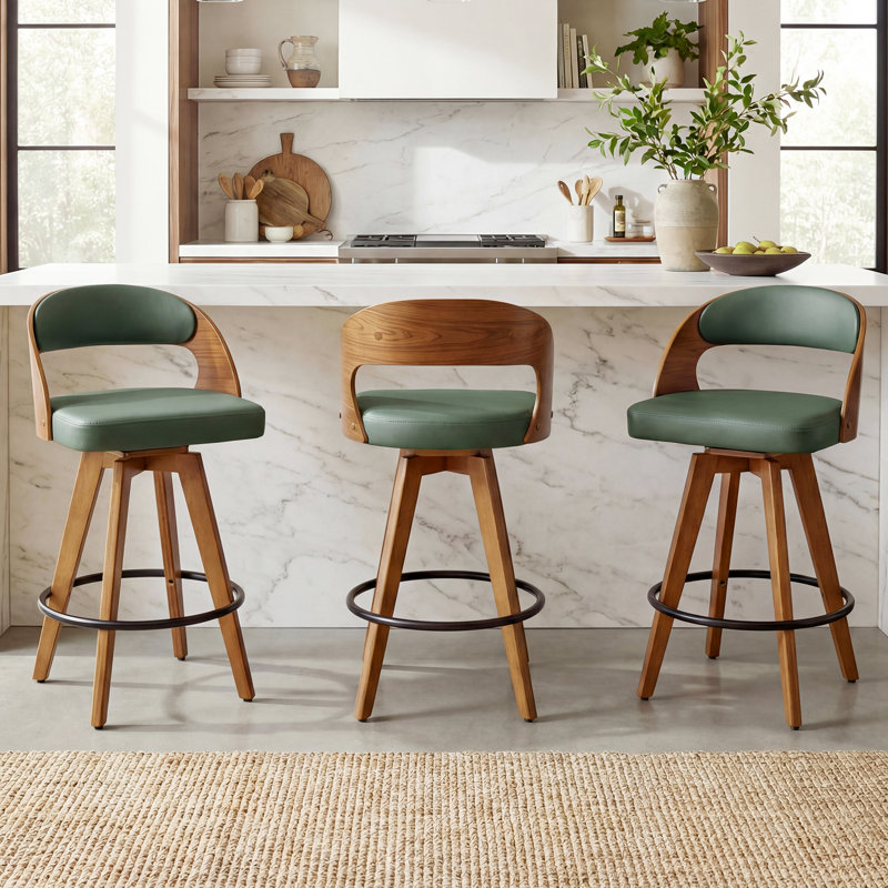 Ensemble de 3 tabourets de comptoir pivotants Chandler, Similicuir vert, Counter Stool (26.78” Seat Height)
