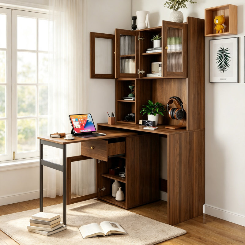 Ensemble de bureau d'ordinateur avec portes en verre Antheris, Noyer