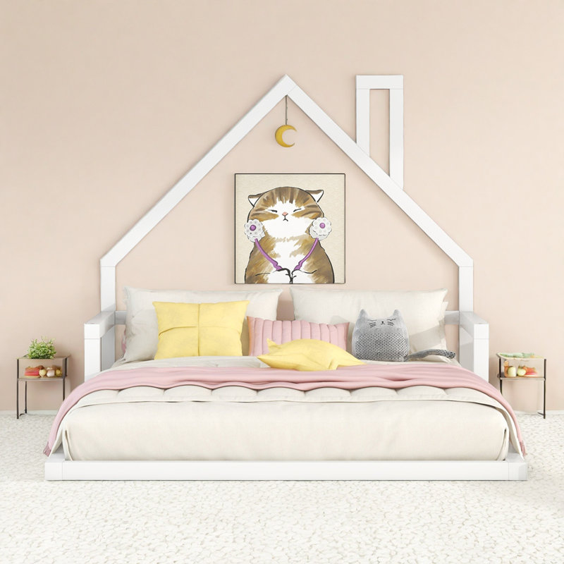 Wood Charming House-shaped Floor Platform Bed, White
