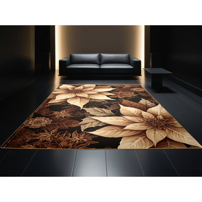 Tapis à motif floral glam orné de poinsettias lavables à la machine en noir