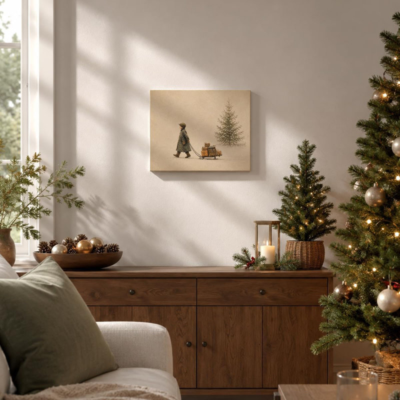 Winter Wall Art Child Pulling Sled Christmas Canvas Print Framed 8 x 10 Dark Moody Christmas Art Child Pulling Sled Vintage Winter Holiday Decor for Bedroom Hallway Nursery