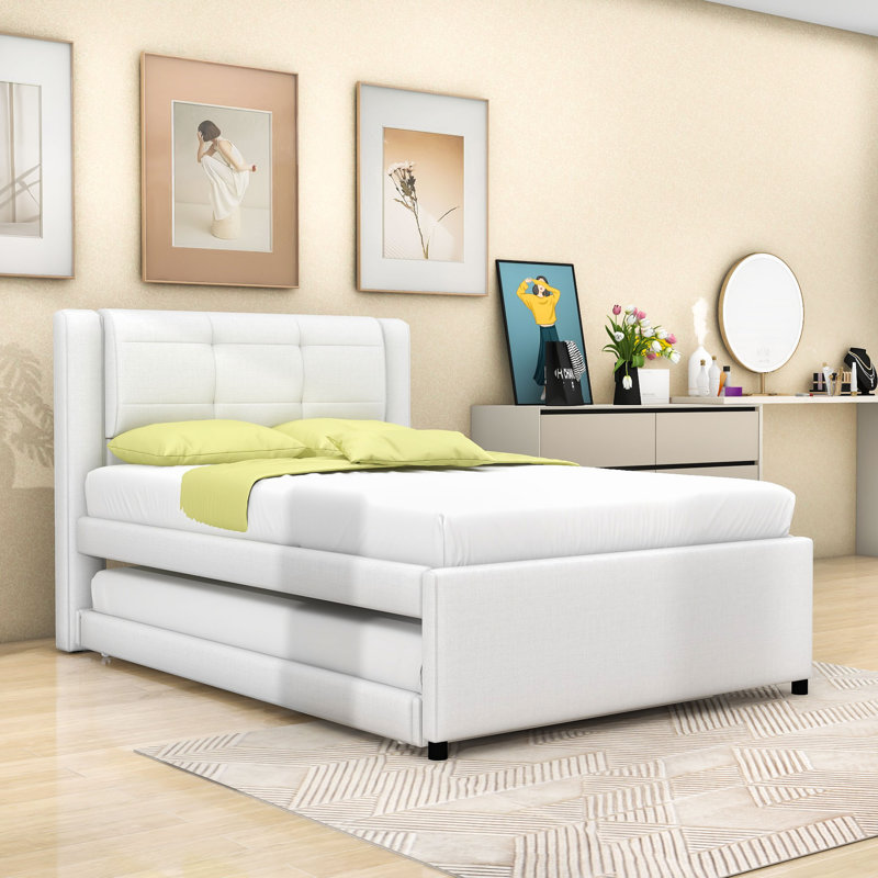 Lit plateforme double en lin avec lit gigogne multifonctionnel, Beige