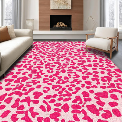 Ultra Soft Area Rug, Non Slip, Stain Resistant, Washable Area Rugs for Living Room, Bedroom, Soft Pink Dorm Rug with Leopard Design(Pink)
