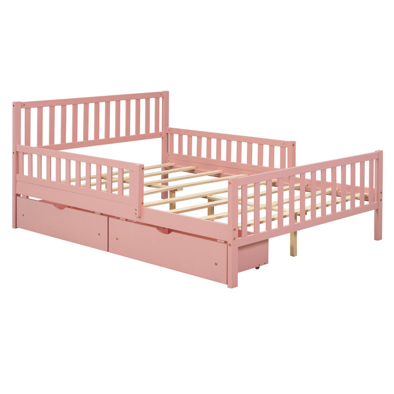 Lit plateforme en bois massif rose avec garde-corps, solutions de rangement et utilitaire, Lit double, Rose