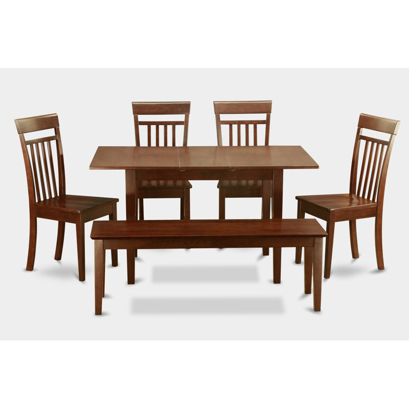 L'ensemble de salle à manger 6 pièces contient une table de salle à manger rectangulaire avec feuille papillon et 4 chaises de cuisine avec banc, acajou