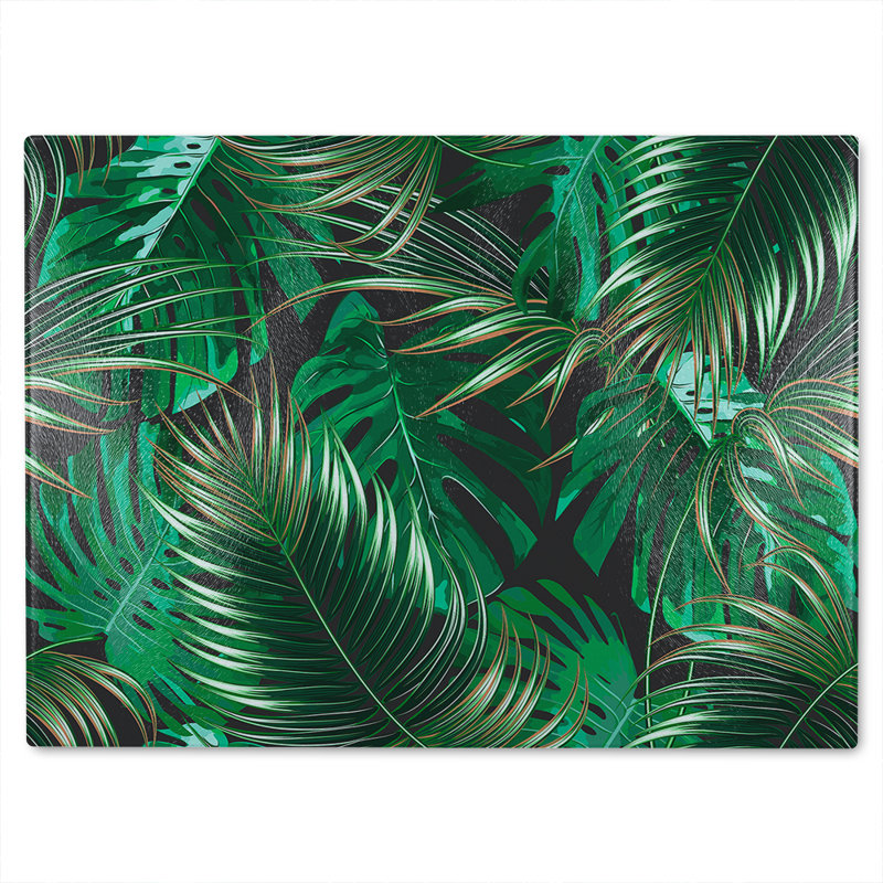 Tropical Leaves On Glass Chopping Board, 28cm L x 20cm W