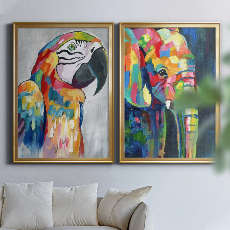 «Vibrant Parrot», ensemble de 2 reproductions d'impressions, H 18,5 po x l 49 po x P 1,5 po, Toile encadrée dorée