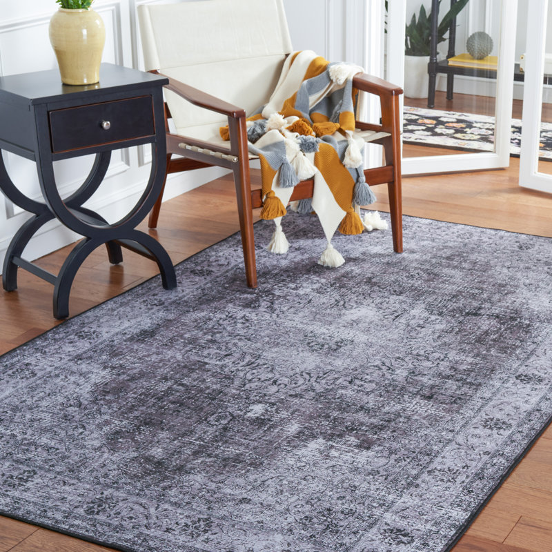 Tucson Vintage Look Machine Washable Non-Slip Area Rug in Black & Grey, Rectangle 152 x 244 cm