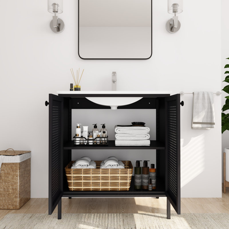 Armoire de salle de bain autoportante en acier avec comptoir en céramique Iklagh, Noir, noir, noir, noir