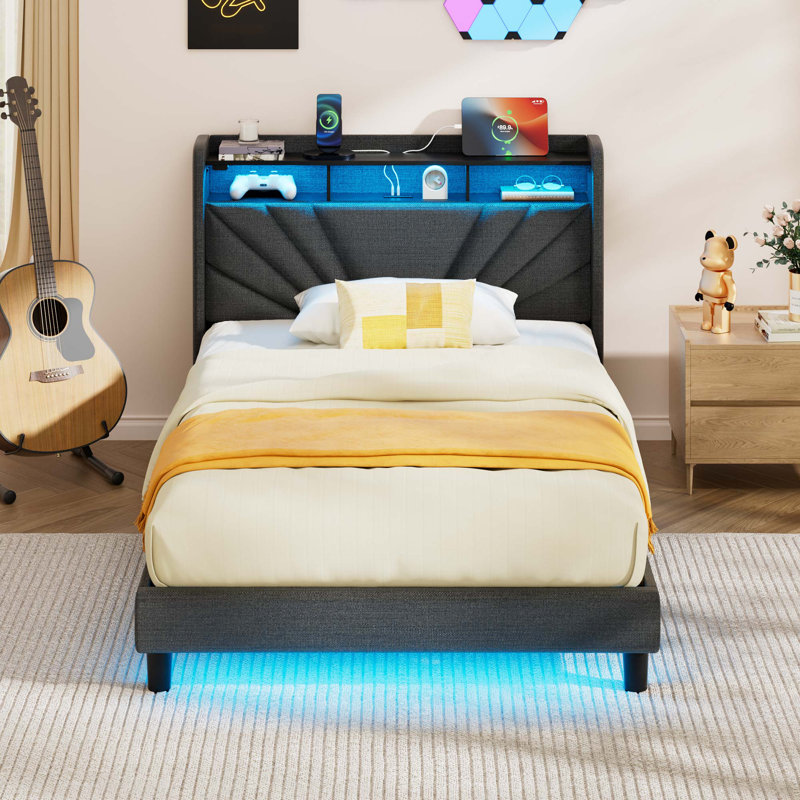 Lit de rangement avec charge USB et lumières DEL - Conception à oreilles rembourrée et structure en métal avec tête de lit