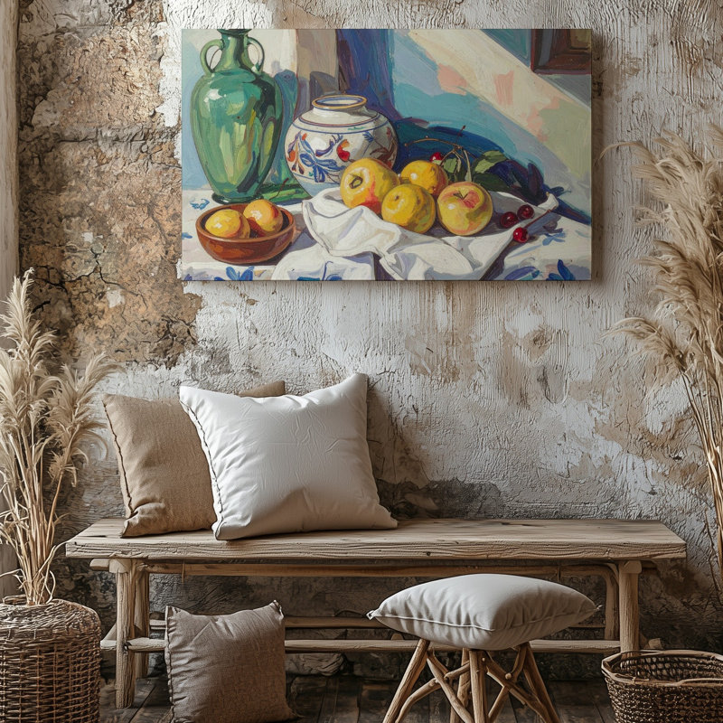 Art mural sur toile, nature morte méditerranéenne, fruits et vaisselle sur tissu floral bleu, H 9 po x l 12 po