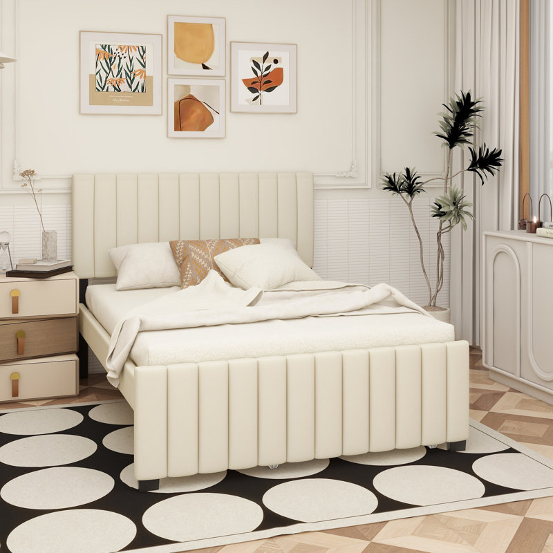 Lit plateforme double en velours avec lit gigogne, Beige