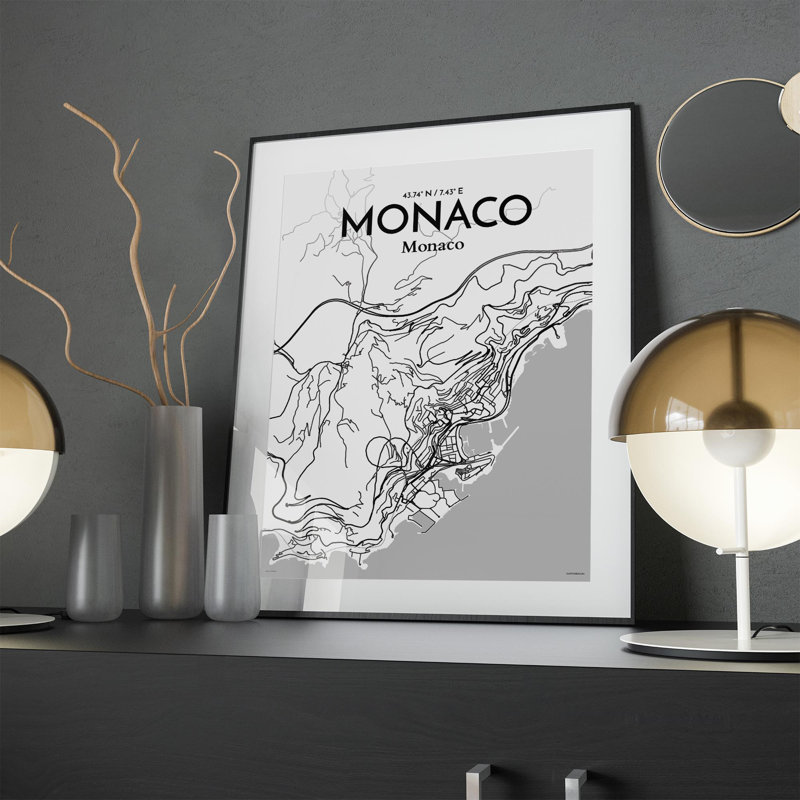 Monaco City Map in Tones 1 Piece Wall Art, 24cm H x 18cm W x 0.05cm D