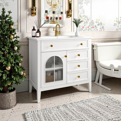 35.6" Freestanding Bathroom Vanity Sink With Motion-Sensor Light, Patterned Glass & Integrated Basin