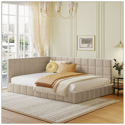 Full Size Upholstered Daybed/Sofa Bed Frame-Beige, Velvet