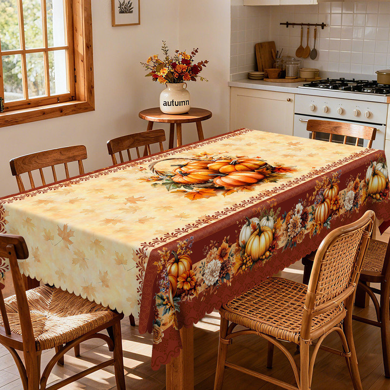 Golden Pumpkin Design Machine-Washable Polyester Tablecloth, 70.8" L x 55.12" W