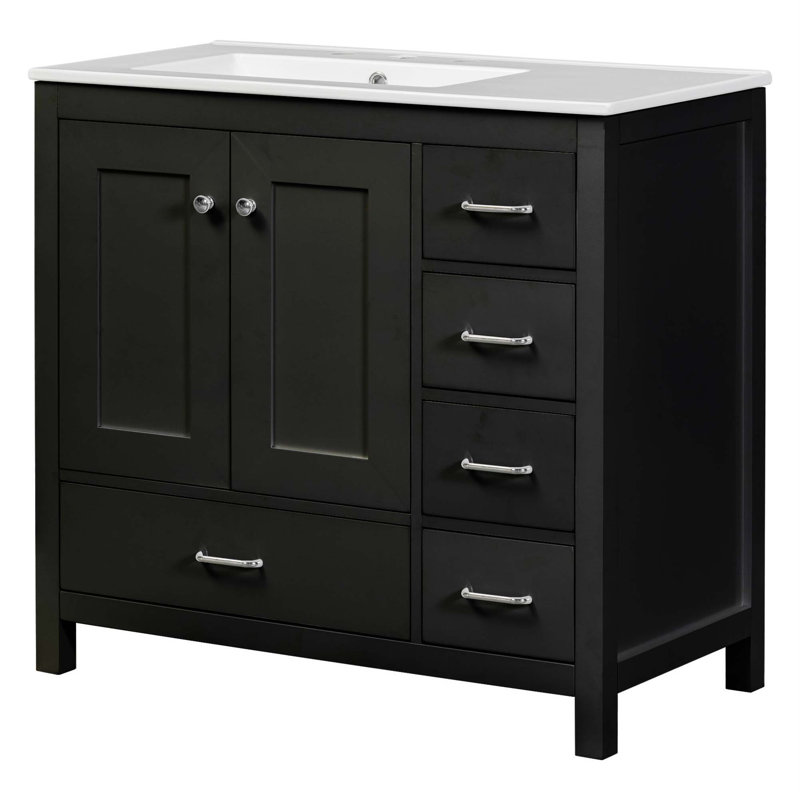 Meuble-lavabo 36 po avec lavabo en céramique, armoire de rangement abondante, 2 portes à fermeture douce et 5 tiroirs