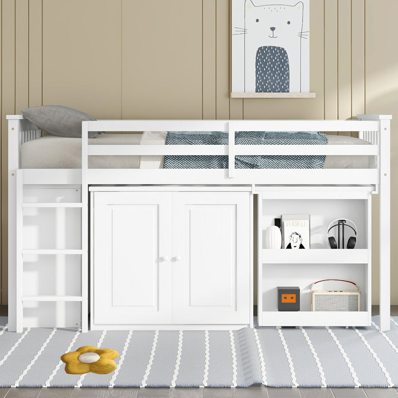 Lit mezzanine simple en bois d'hévéa avec armoire de rangement, tiroirs et bureau coulissant, Blanc