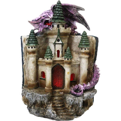 Purple Dragon Guarding LED Medieval Castle On Rocks With Book Of Spells Figurine