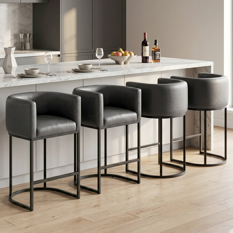 Pu Leather Counter Stool Barrel Counter Height Stools, Black