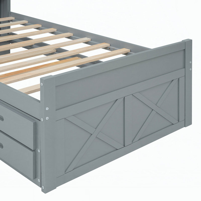Lit plateforme en bois avec lit gigogne et rangement, Gris, Simple