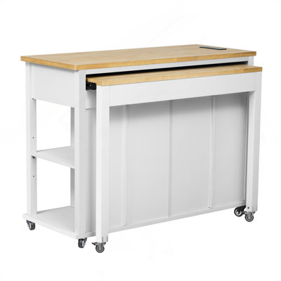 47 Inch Kitchen Island With Extendable Dining Table, Rubber Wood Veneer Kitchen Table With Internal Storage Rack, Power Outlet, Kitchen Island With St