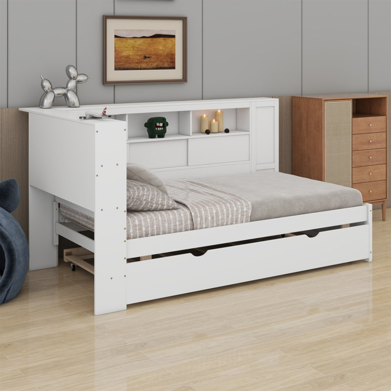 Lit de jour en bois avec tablettes de rangement, USB et lit gigogne, Blanc