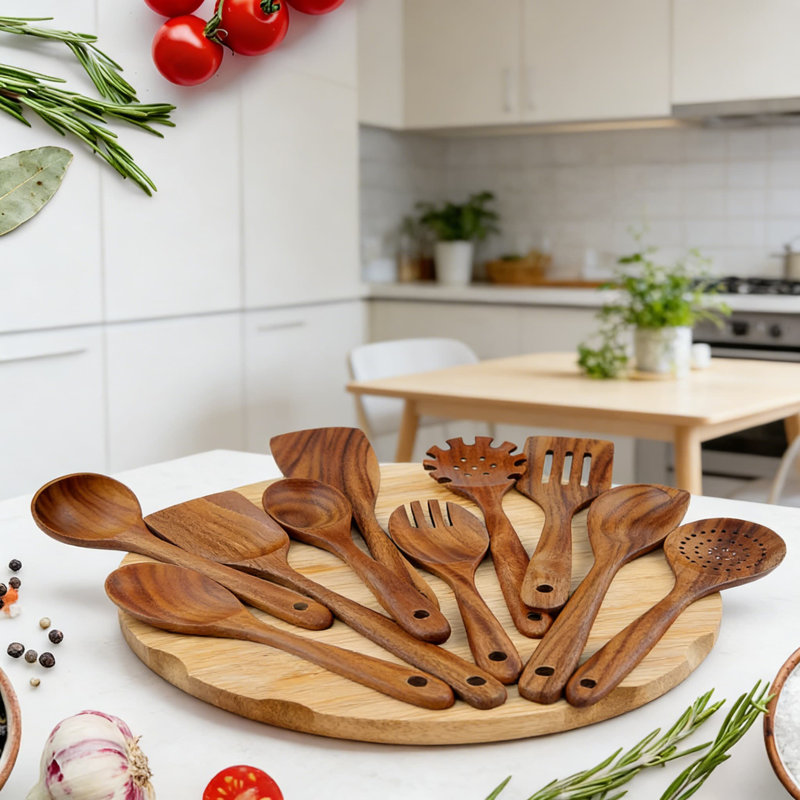 Ensemble d'ustensiles en bois de teck 10 pièces pour la cuisine - Outils de cuisine résistants à la chaleur avec spatule, louche et cuillères - Coffre-fort pour casseroles antiadhésives et batterie de cuisine sans égratignures