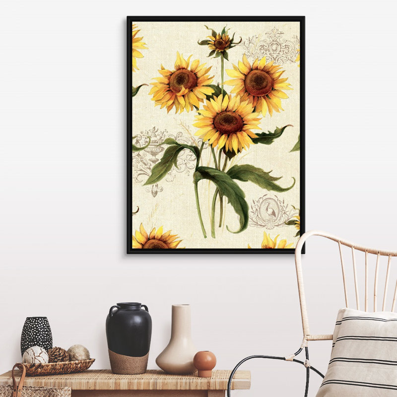 Art mural de tournesols botaniques, H 30 po x l 40 po x P 1,75 po, Cadre noir