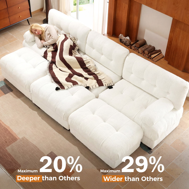 Canapé modulaire modulaire en forme de L à 5 places, canapé en chenille confortable blanc, Chenille blanche
