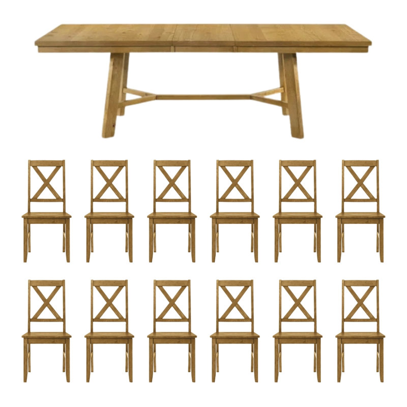 Oaklyn Modern Extendable Rectangular Dining Table Set, Light Yellow Wood, 13 Pieces: Table, 12 Chairs