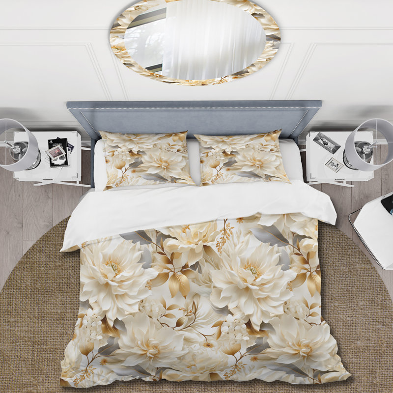 Literie blanche à motif de fleurs de chrysanthème I, Housse de couette pour très grand lit et 2 très
